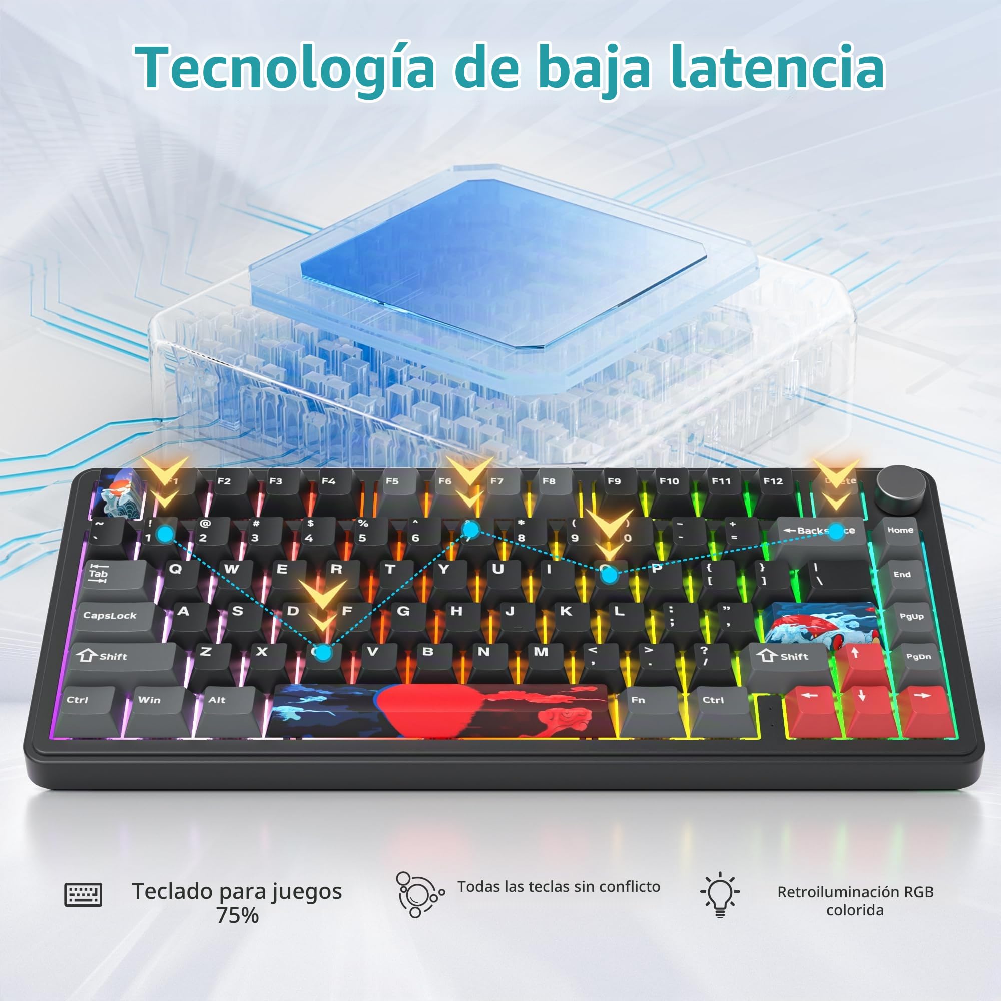 SOLIDEE Teclado Intercambiable en Caliente 75% con Perilla,Bluetooth 5.0/2.4GHz/USB-C Teclado mecánico Gasket,South Facing retroiluminación RGB Teclado mecánico para Juegos para Win Mac(Shadow Red)