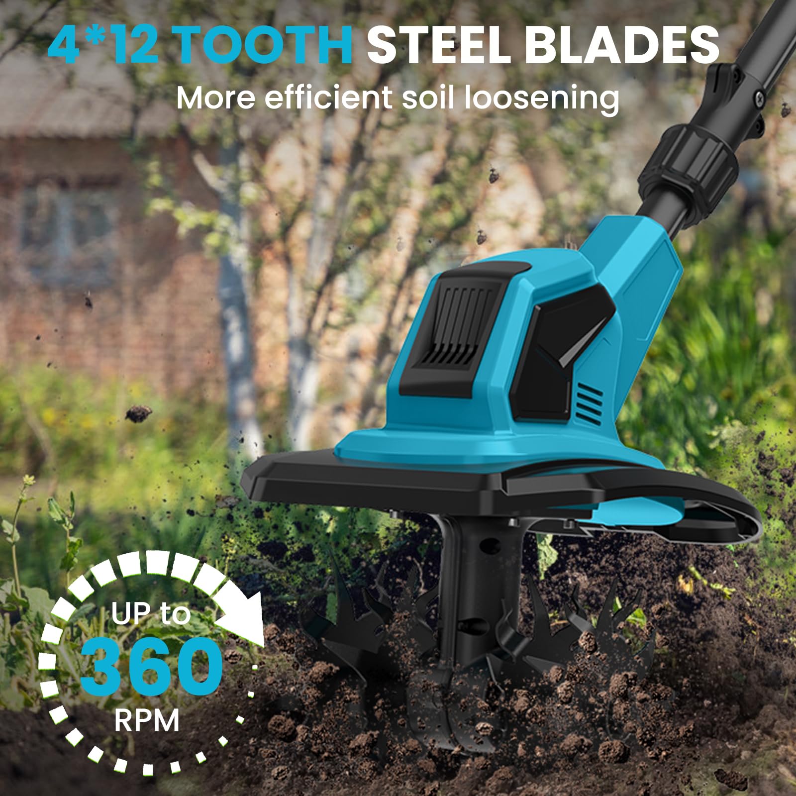 Motobineuse Electrique 21V, Motoculteur sans Fil 600 W avec 2 x 4,0 Ah Batteries, Largeur de Travail 17 cm, Profondeur de Travail 24 cm, 360 TR/Min, Motobineuse Électrique pour Le Jardin et la Cour