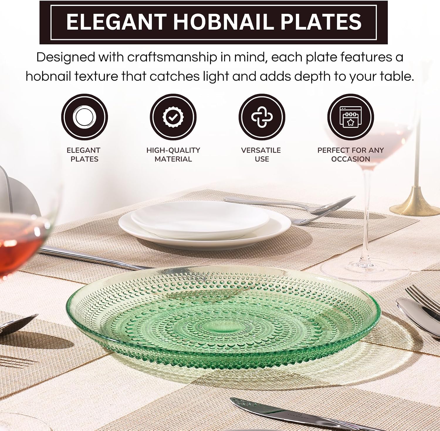 Khen Glass Hobnail Colored Plates | Set of 4 Plates | Green Color 10.6" Dinner or Charger Plate - Server, Dessert Server, Appetizer Plate, Snack, Fruit