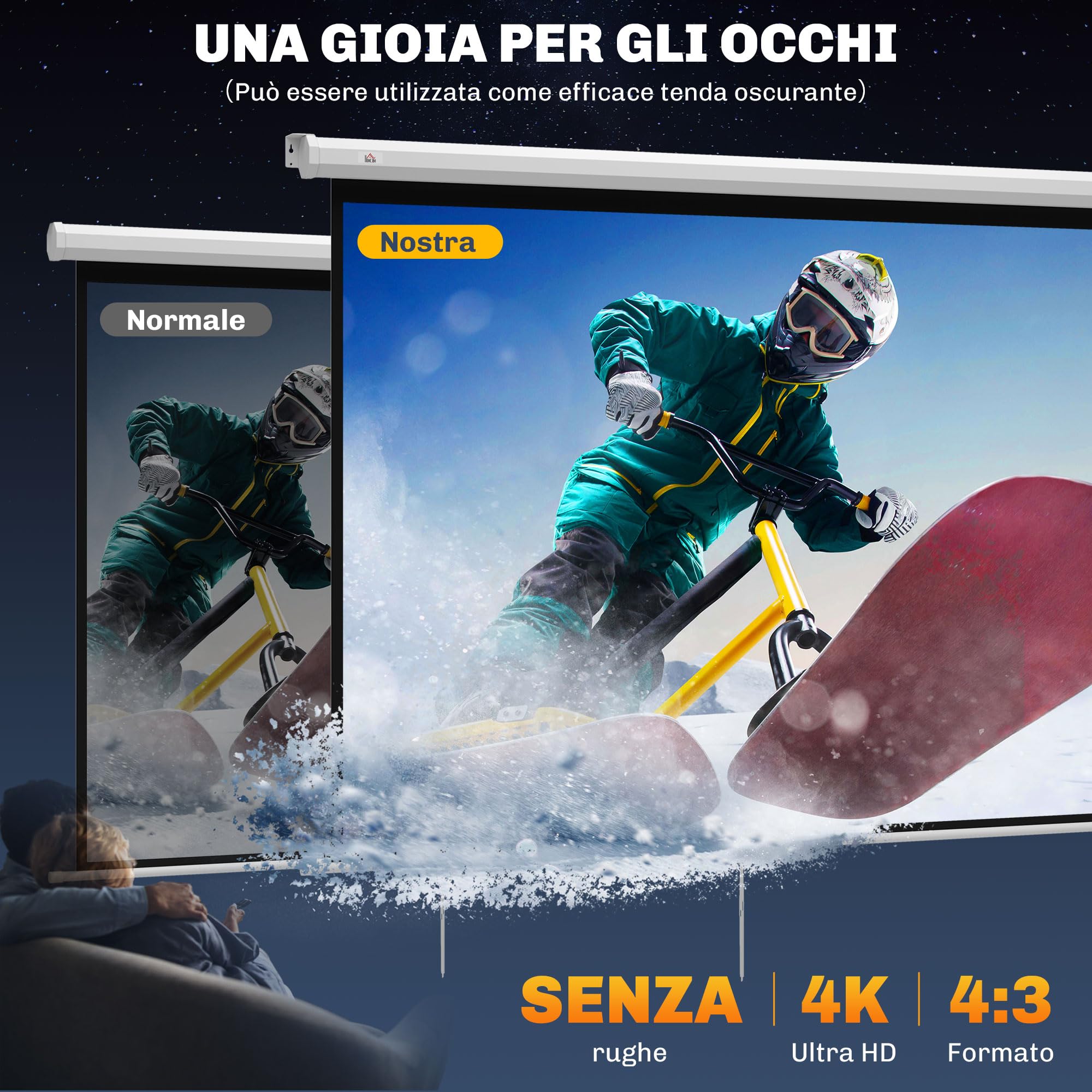 HOMCOM Telo Proiettore da 84 Pollici 4K HD Formato 4:3, Altezza Regolabile Manuale, Schermo Proiettore da Parete Soffitto, Grandangolo 160°, Telo Videoproiettore per Casa Home Cinema Ufficio, Bianco