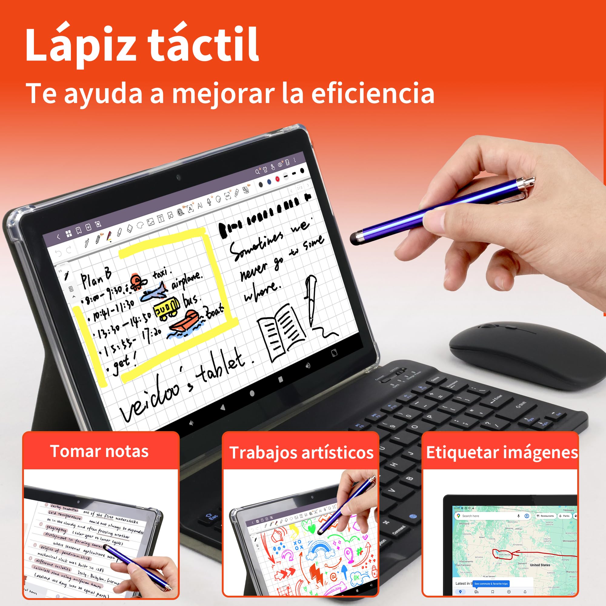 Veidoo Tableta Android portátil 2 en 1 con teclado, mouse y lápiz capacitivo, tableta IPS HD de 10.1 pulgadas con 7 GB de RAM (3 GB + 4 GB) 64 GB ROM ampliable a 512 GB, procesador Octa-Core, WiFi 6