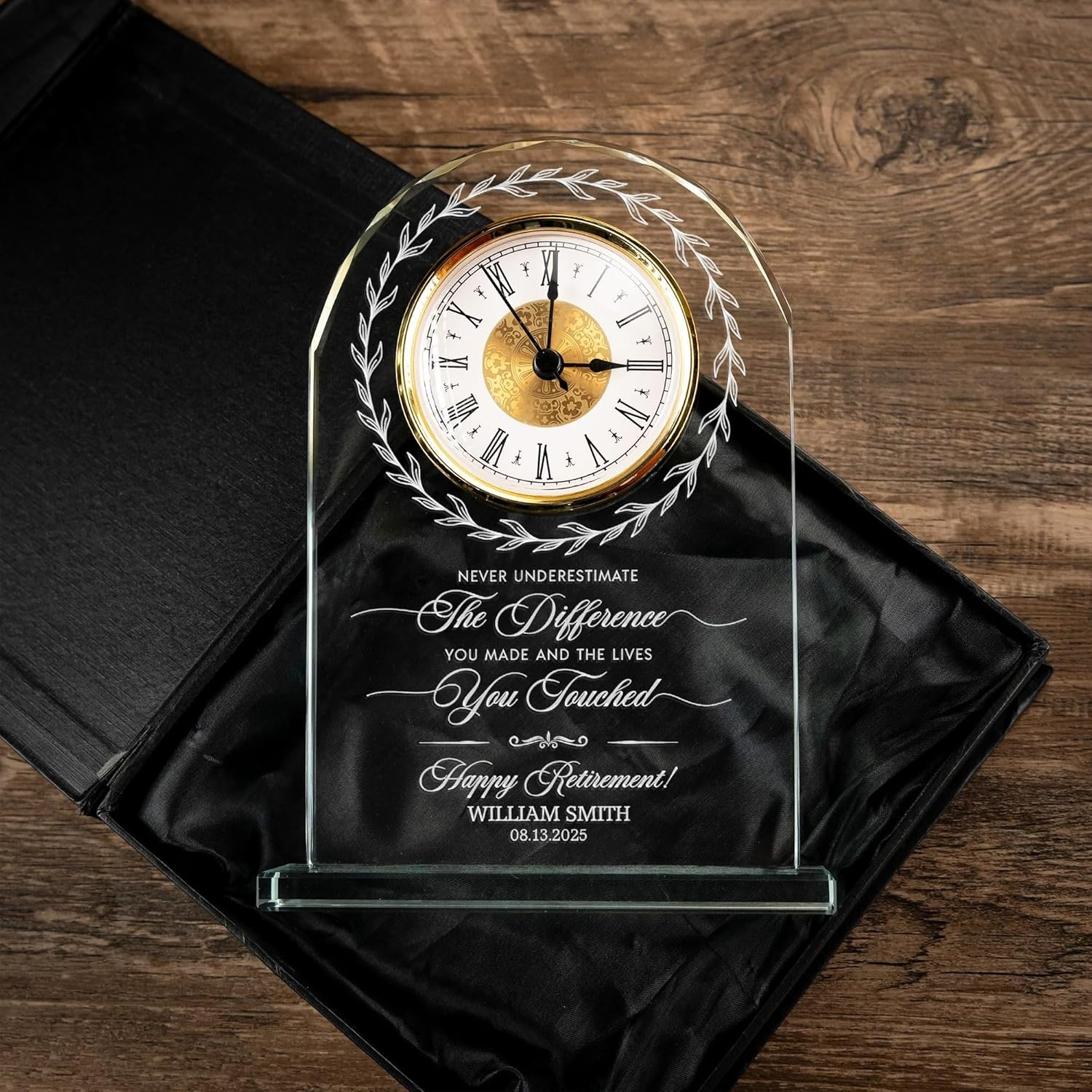 Personalized Retirement Glass Clock, Crystal Desk Clock, 9.45'' Clocks for Retired People - Retirement Gifts for Boss, Manager, Farewell Gifts for Coworkers