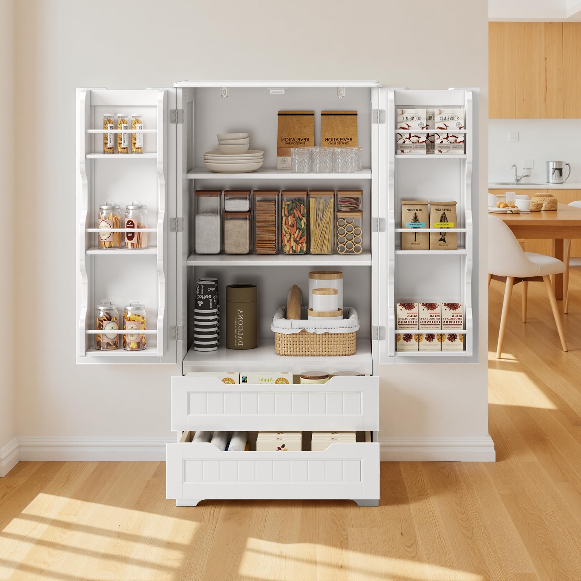 Küchenschrank Weiß mit Holzplatte, Buffetschrank mit 2 Schubladen und Türen, Vorratsschrank Landhausstil, Sideboard Aufbewahrungsschrank für Küche, Esszimmer und Wohnzimmer