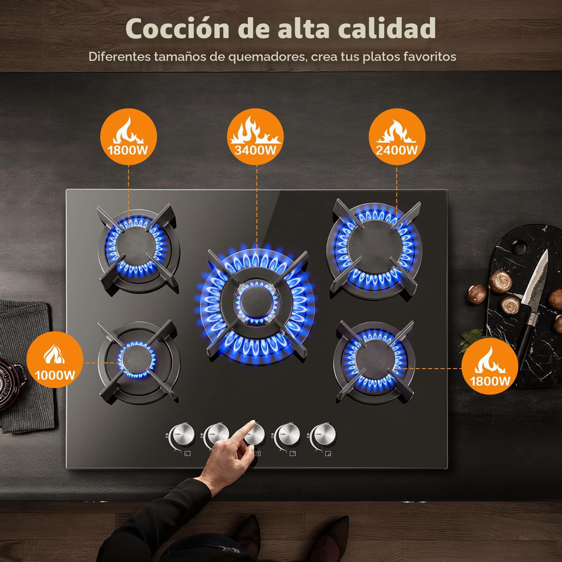 SNDOAS Placa de Gas 5 Fogones 70cm, Natural/Propano, 10400 W | Vidrio Templado Negro, Válvula de Seguridad, Parrillas en Hierro Fundido, 220-240 V