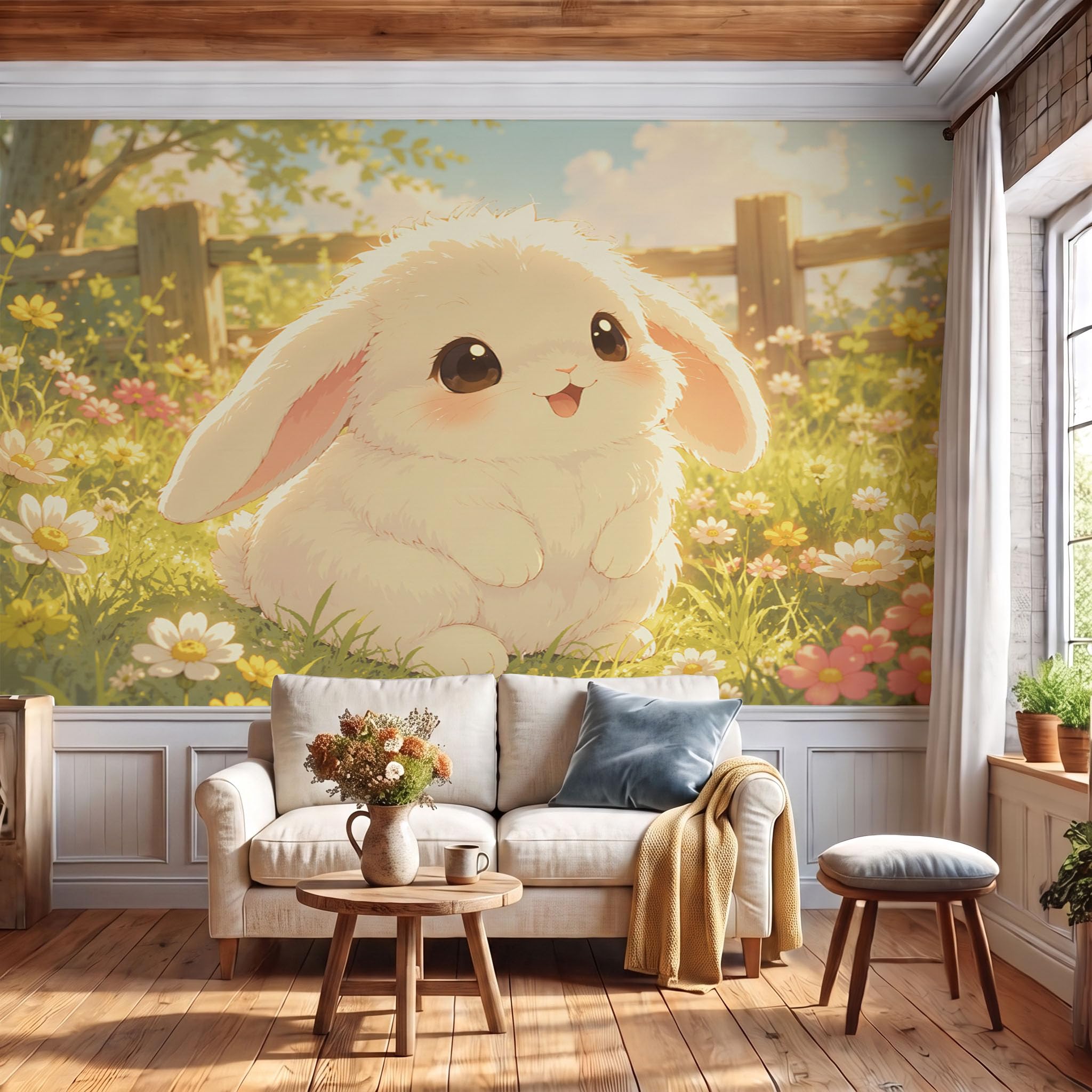 Carta Da Parati Fotomurale Xxl cartone animato carino 350x256cm,Poster Murale Fotografica 3D In Tessuto Seta Giardino delle margherite con coniglietti Per Tv Corridoio Soggiorno, Giallo-verde