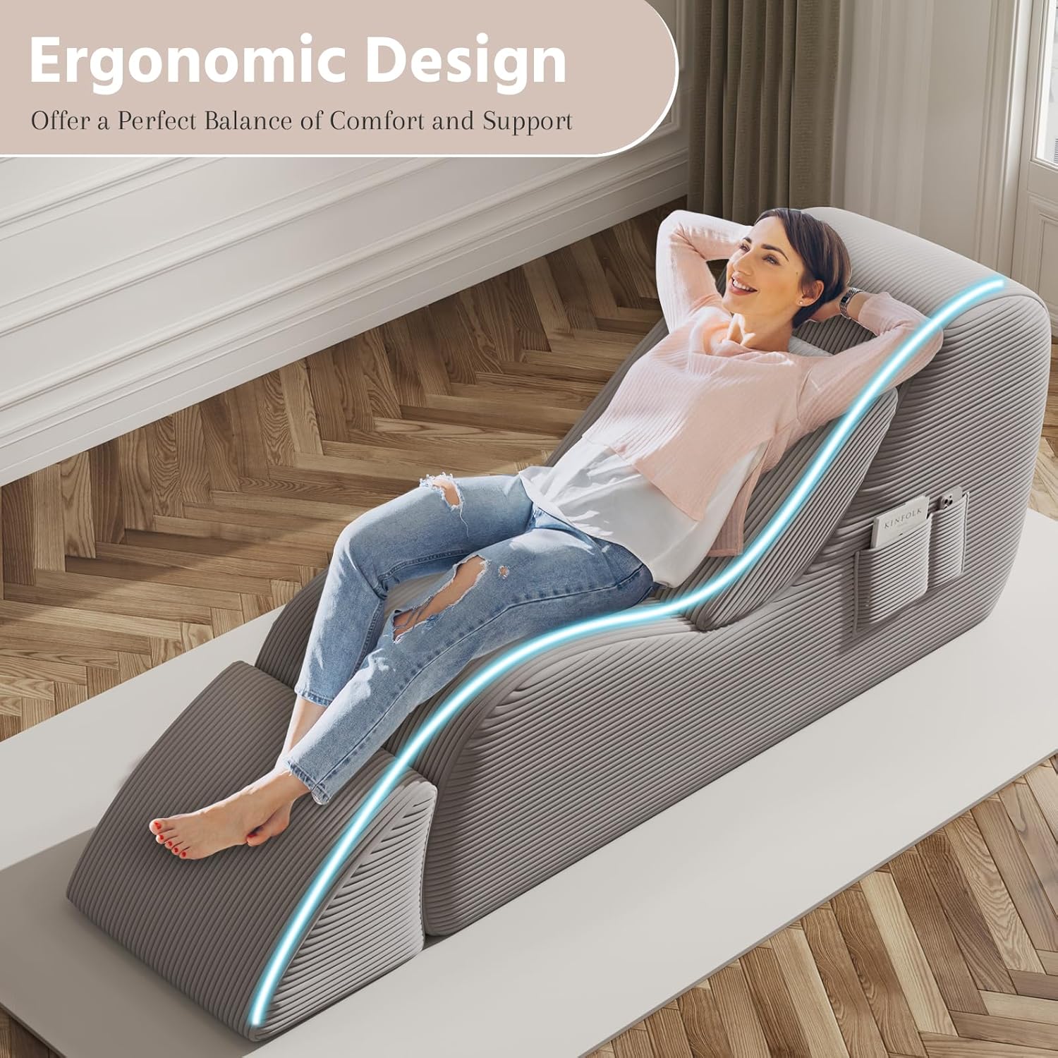 Yoga Chair, Lounge Chair for Yoga with Side Pocket&Lumbar Pillow&Ottoman, for Stretching, Relaxation