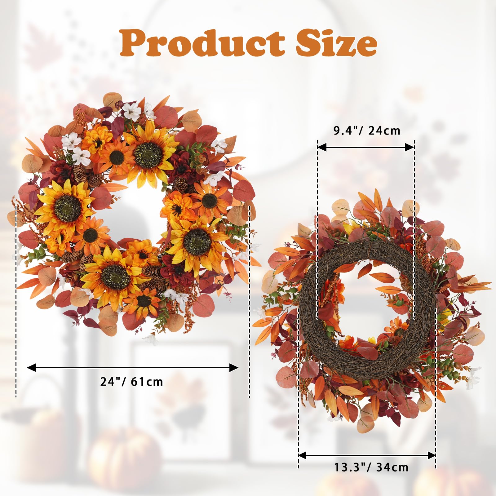 Künstlicher Herbstkranz 61 cm mit Sonnenblumen & Dahlien – Türkranz mit Eukalyptusblättern, Beeren & Zapfen – Handgemachte Herbstdeko für Tür, Wand & Innenraum