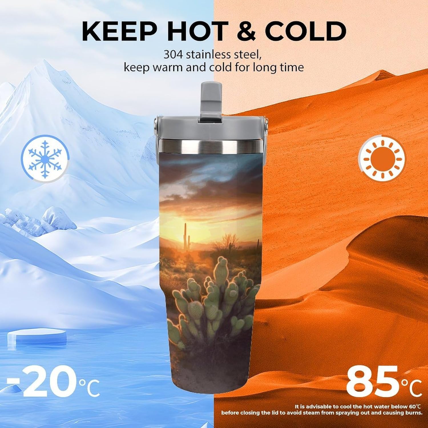 Cactus Desert Sunset Water Bottle 30 Oz Fits Car Cup Holder,Insulated Coffee Mug Large Capacity Car Cups,Stainless Steel Double Wall Sport Bottle for Travel Sports Gym