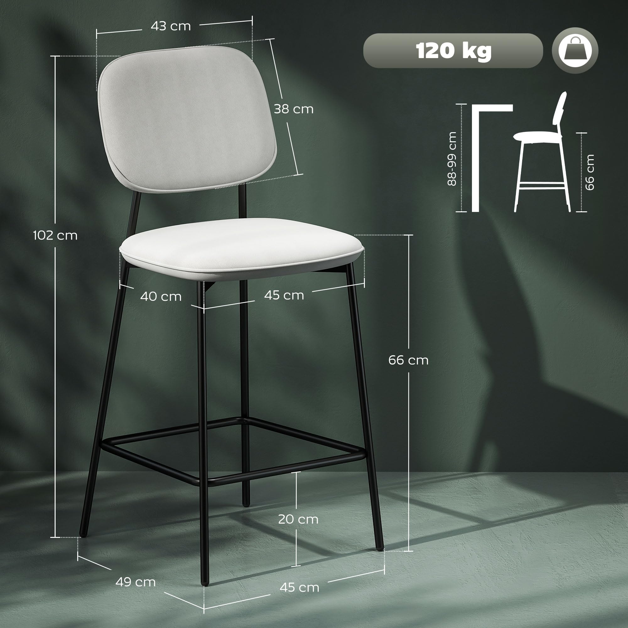 HOMCOM Juego de 2 Taburetes de Bar con Respaldo y Reposapiés Gris Claro | Taburetes Altos de Cocina, Tapizado en Terciopelo, Marco de Acero, para Comedor Mostrador