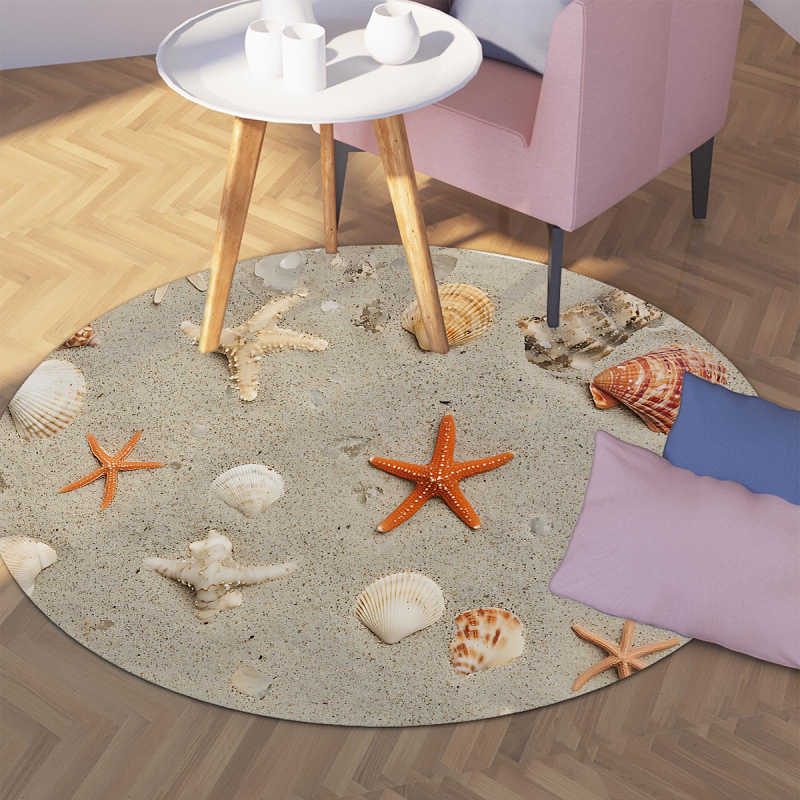 Tapis plage coquillage rond 240cm anti-dérapant et moquette douce