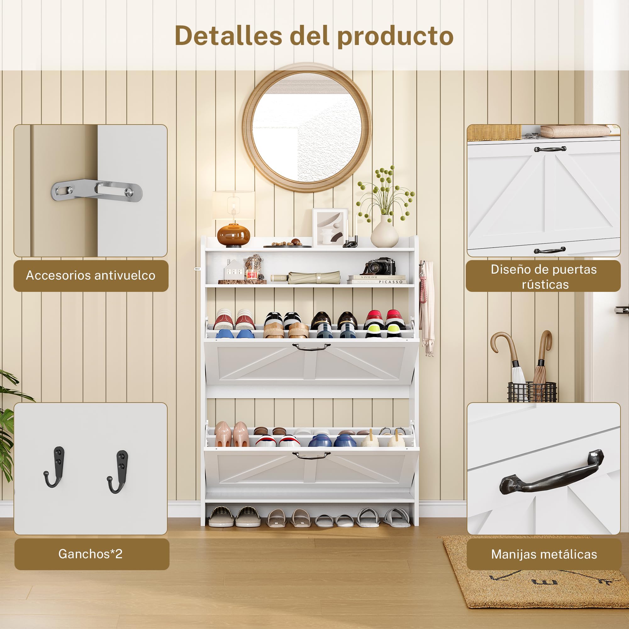 Zapatero Recibidor 24cm, Mueble Zapatero con 2 Cajones y Estantes Ajustables, para 16-20 Pares de Zapatos,Zapatero Estrecho Ideal para Entrada, Salón, Pasillo,24 x 76 x 112 cm, Blanco