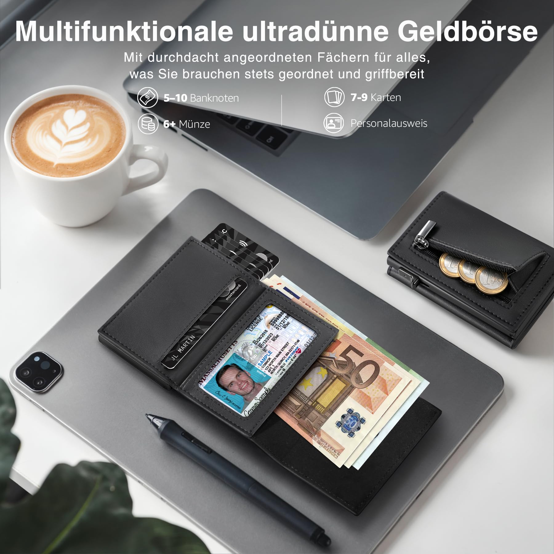 TENBST Hochwertige Geldbörse Herren, Exklusives Slim Wallet mit Münzfach & RFID Schutz, luxuriöses Leder Portmonee Herren, 8 Fächer für Kreditkarten, Elegantes Kartenetui, edle Geschenke für Männer
