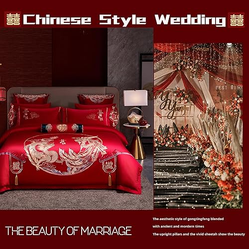 Miniatura 47 de Luxury Double Happiness Dragon and Phoenix Bird Embroidery Chinese Wedding Red Bedding Set King Queen Size 100% Cotton Embroider Red Wedding Duvet