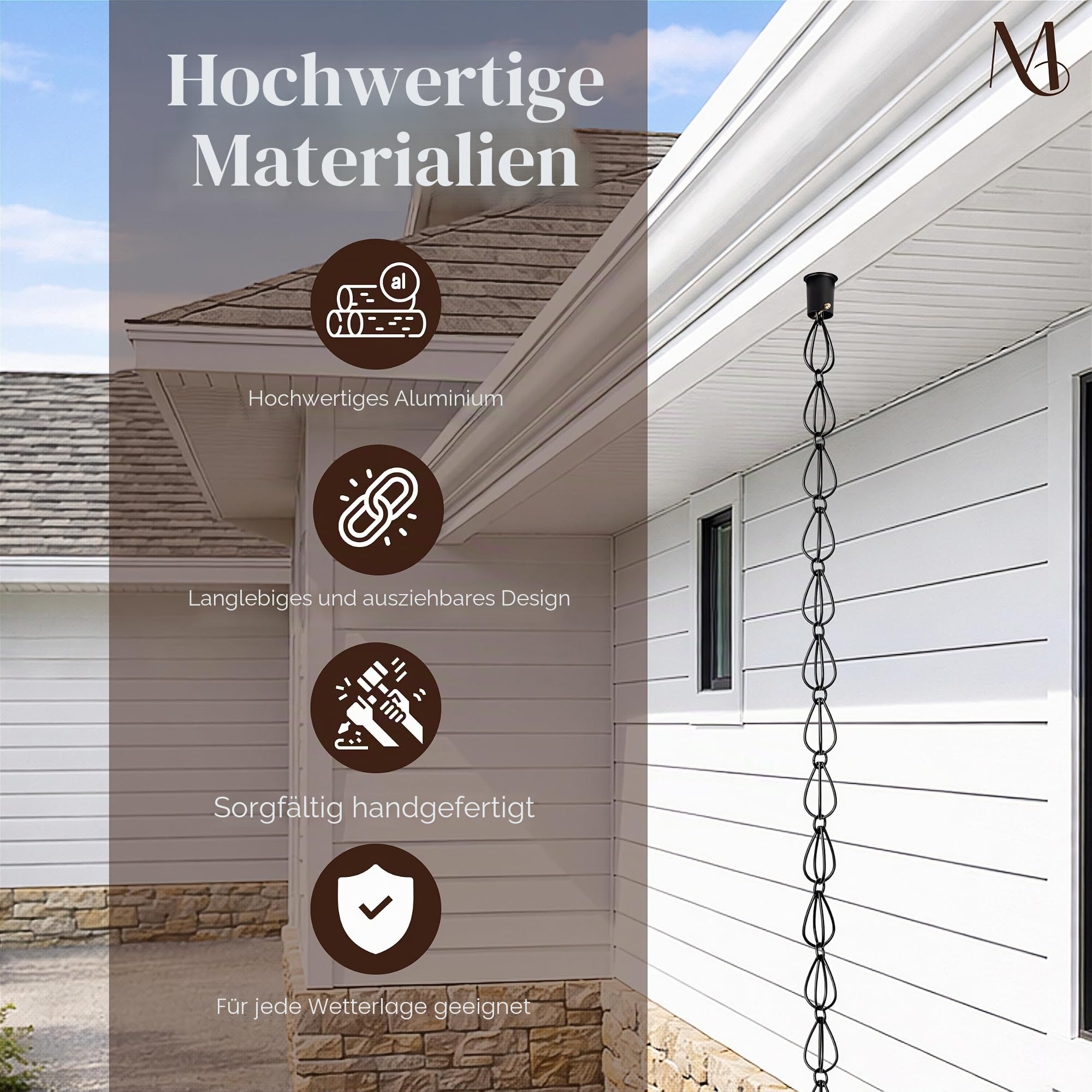 Monarch Rain Chains 17055 Aluminium-Tropfen-Regenkette, 2,5 m Länge, Ersatz-Fallrohr für Dachrinnen, schwarz pulverbeschichtet