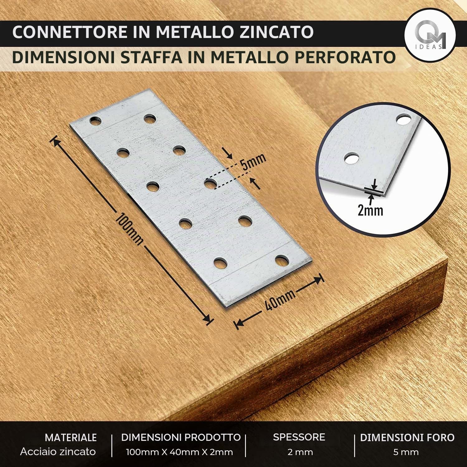 10 x Piastre forate (100 x 40 x 2) Piastra di fissaggio, Connettore per legno, Lastrina di giunzione piatta, Piastra di montaggio zincata in acciaio