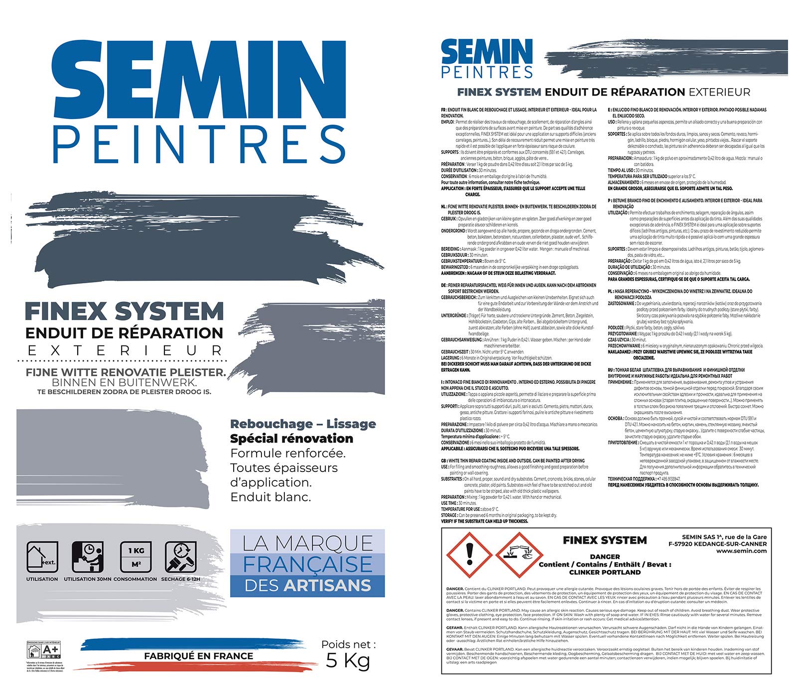 Enduit de Rebouchage Extérieur - Semin - Réparation, Lissage & Rebouchage - Haute Adhérence - Blanc - Sac de 5 kg (Lot de 3)