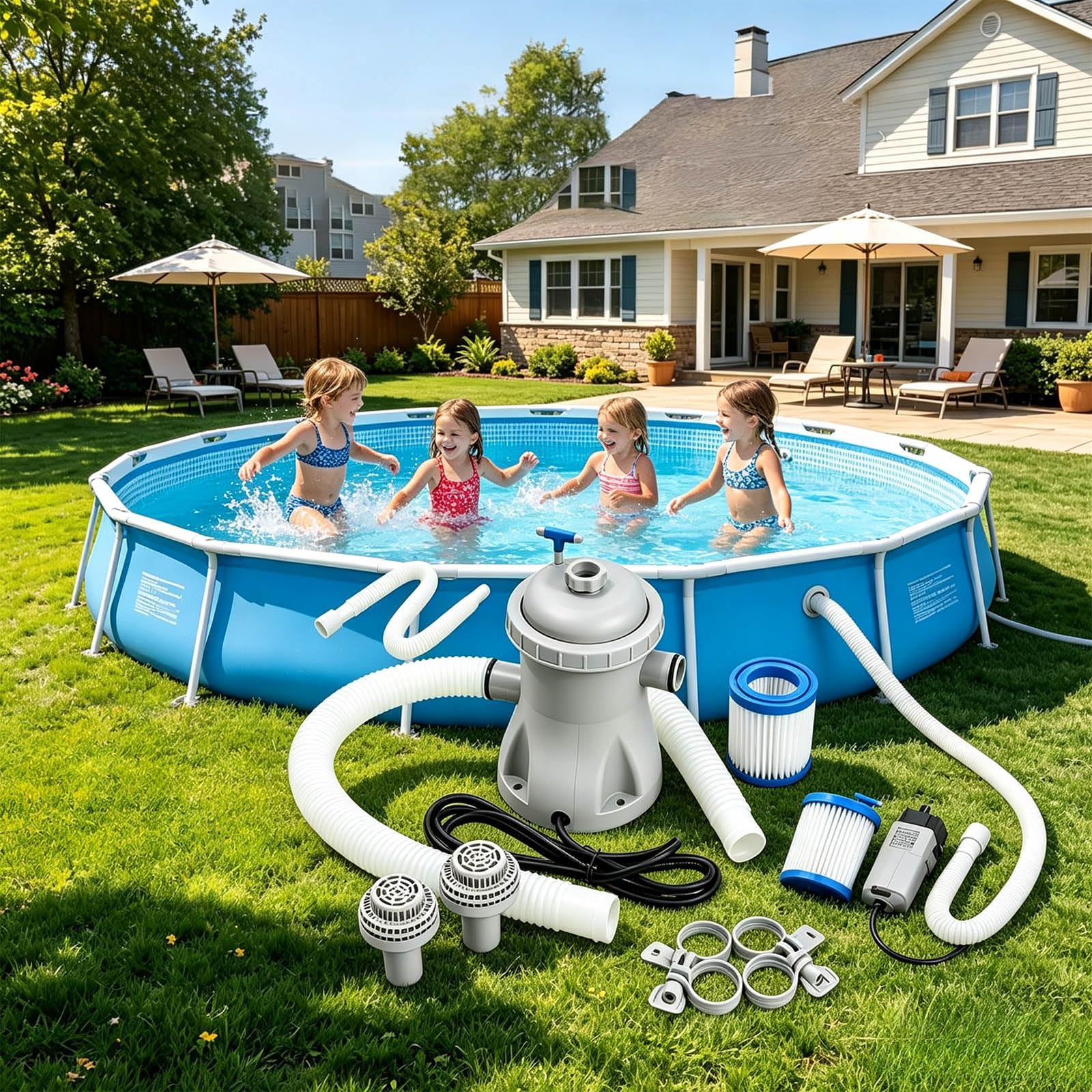 Bomba de Eléctrica Filtro para Piscina Desmontable 330 GPH con Filtro de Cartucho Eléctrico, Depurador Silencioso con Mangueras y Filtro de Repuesto, Kit Completo de Bomba Filtro para Piscina Pequeñas