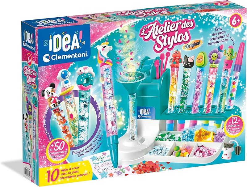 Clementoni | L’Atelier des Stylos pour Enfants 6 Ans+ | Kit Créatif DIY avec 10 Stylos à Personnaliser | Plus de 50 Accessoires : Paillettes, Perles, Figurines | Activité Manuelle et Cadeau Créatif