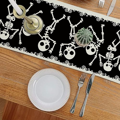 Miniatura 3 de Camino de mesa de Halloween, esqueleto bailando, divertido lino negro, decoración temática de Halloween, decoración del hogar, cocina, comedor,