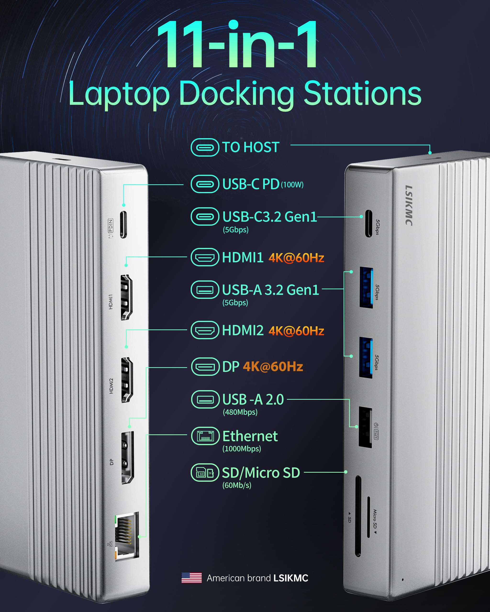 Stacja dokująca USB C, 3 monitory, stacja dokująca do laptopa 11 w 1, podwójny monitor z podwójnym HDMI 4K przy 60 Hz + DP 4k przy 60 Hz + Ethernet+3USB+1USB C+PD+SD/TF, wieloportowy adapter USB C Hub