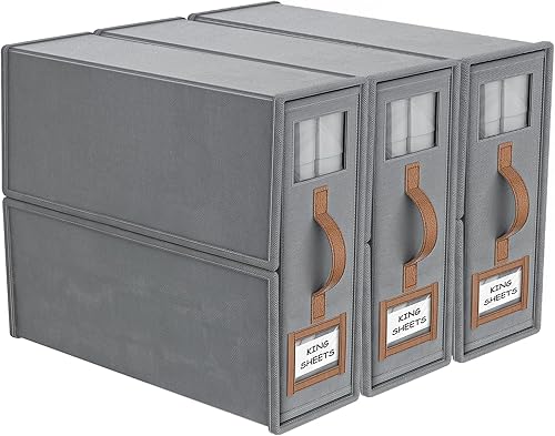 Miniatura 1 de Paquete de 3 organizadores y almacenamiento de sábanas plegables (tamaño King y Queen), organizadores de armario de tela de lino con ventana, caja