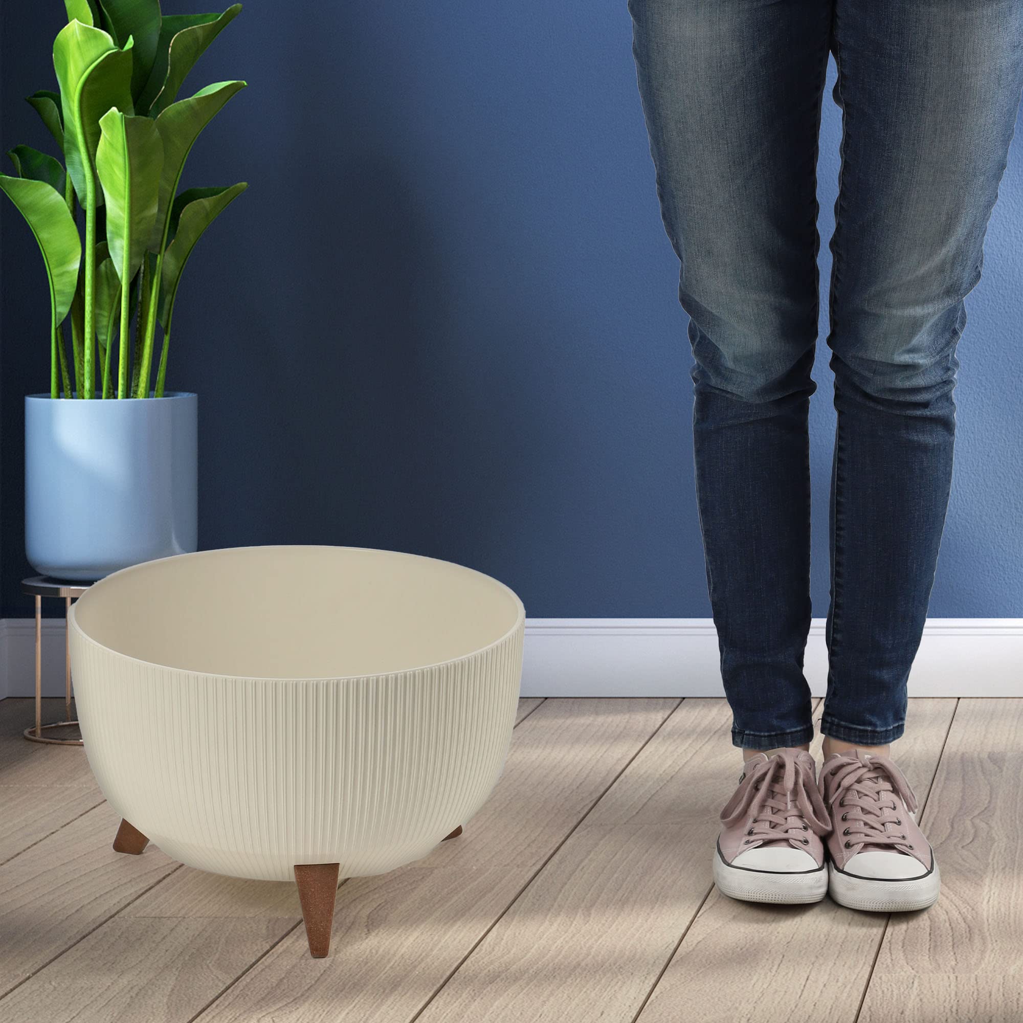 Kadax Bloempot, van kunststof, met drie insteeksteunen, rond, bloemenschaal, plantenbak, bloembak, voor balkon, woonkamer, 33 cm diameter, antraciet