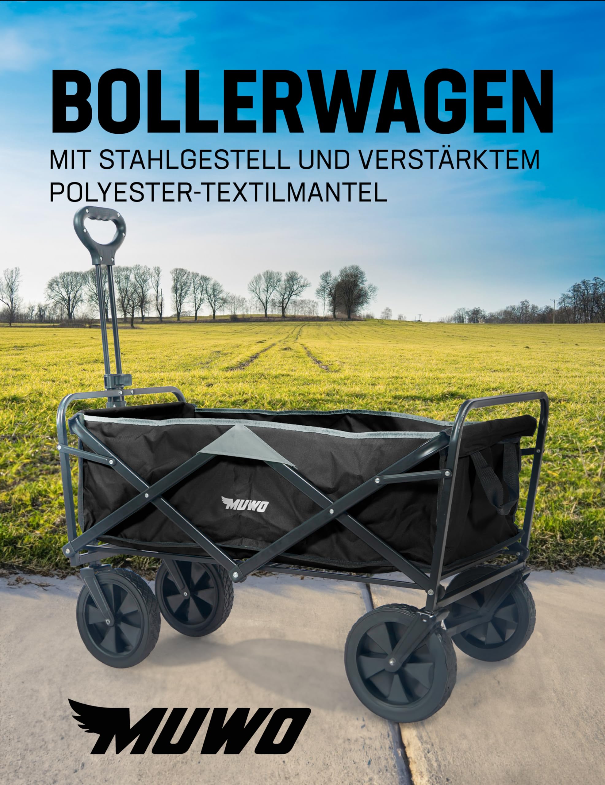 MUWO Carro plegable de 90 x 52 x 55 cm, carro de mano para un transporte cómodo con hasta 100 litros de volumen, soporta hasta 110 kg y ruedas delanteras giratorias 360° (azul/negro)