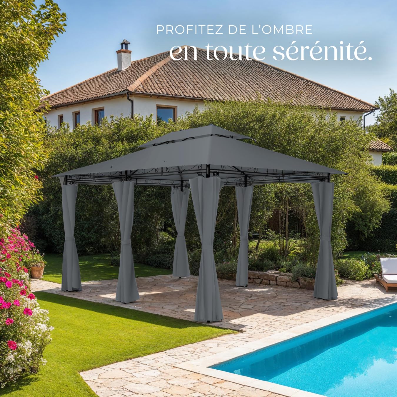 tectake® Tonnelle de Jardin 4x3m en Acier époxy Tente de réception, Imperméable, Protection UVP 50+, Rideaux de tonnelle Inclus, Montage Facile, Tonnelle terrasse Exterieur Barnum Mariage Baptême