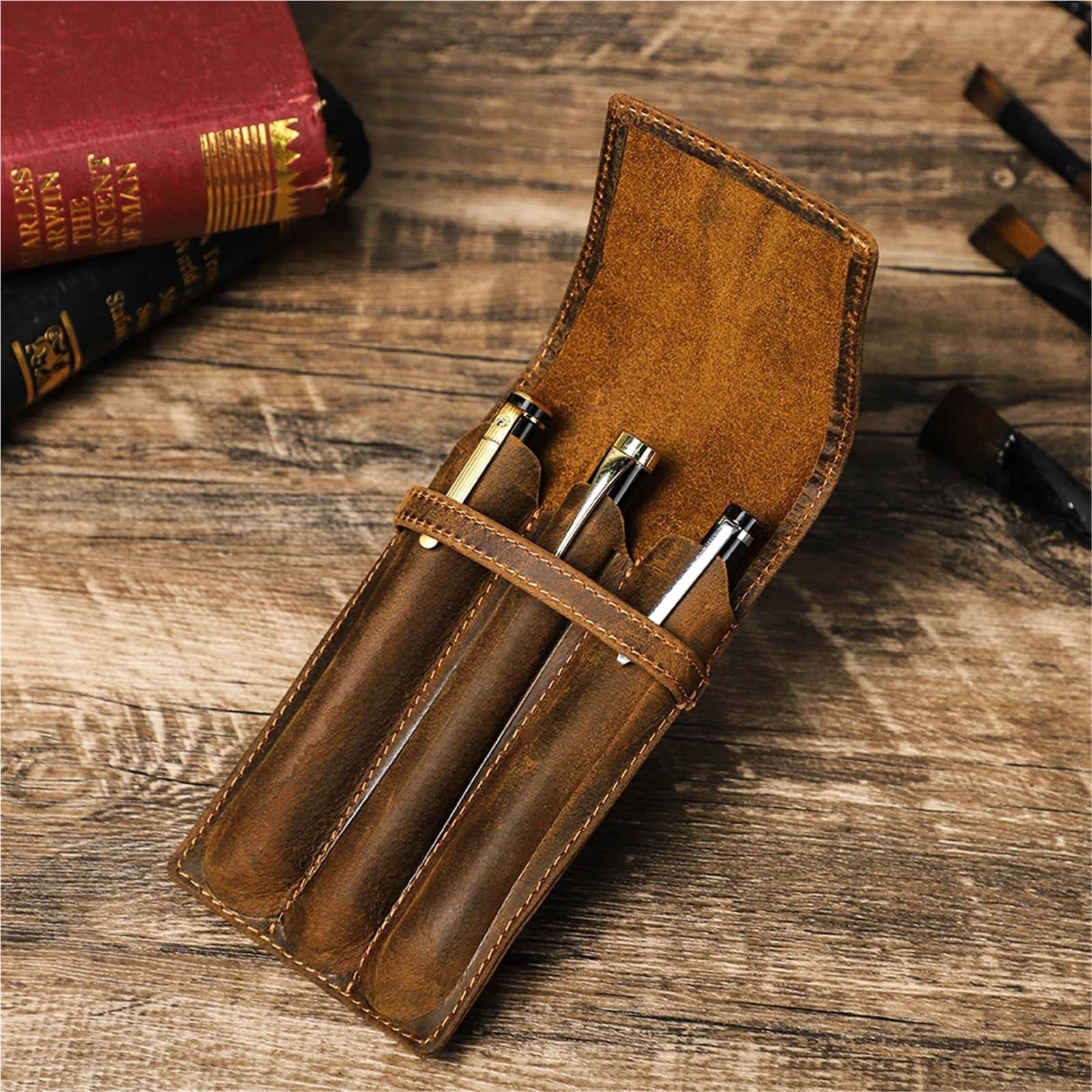 Estuche de Cuero Estuche Organizador de Cuero Hecho a Mano con 1/2/3 Ranuras for bolígrafos de Bolsillo for Adultos, Oficina, Escuela, Estilo Retro Vintage(3 Slots)