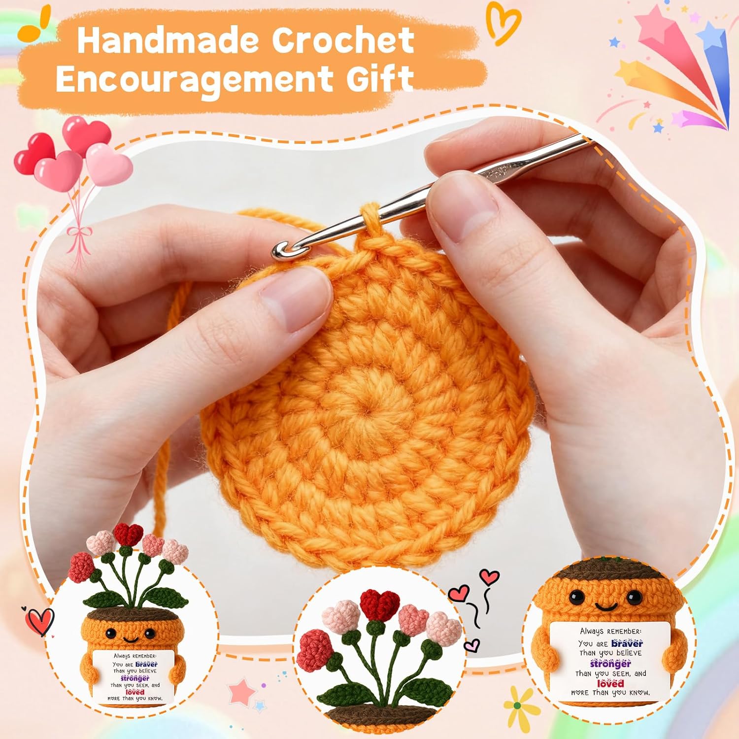 Inspirational Gift - Handmade Crochet Heart Flower Plush with Uplifting Message Card - Encouragement Present for Women, Friends, Students, Recovery & Everyday Motivation