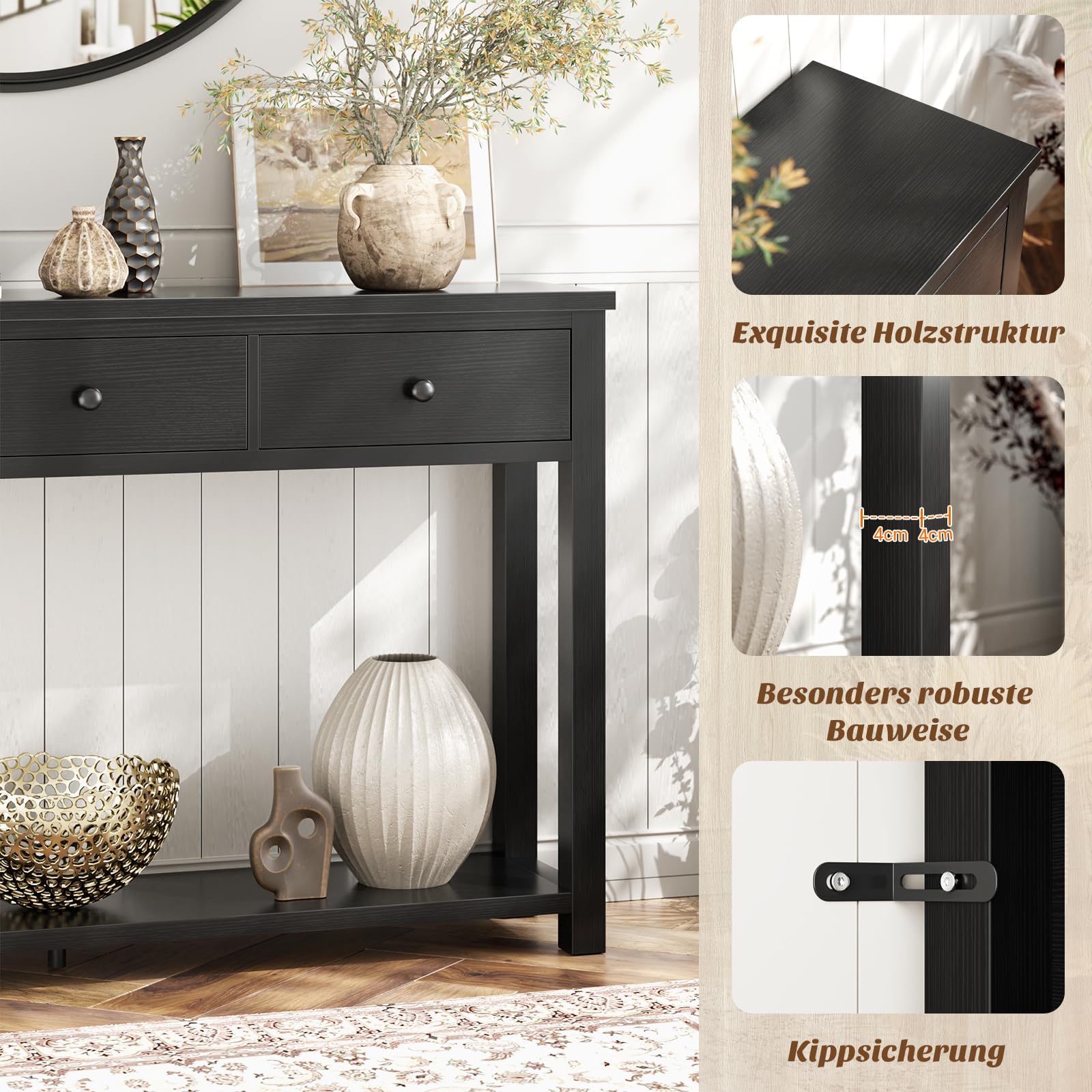iSunirm Table console de style ferme en bois avec 2 tiroirs, table de 80 cm de large avec compartiment de rangement pour salon, derrière le canapé, table d'entrée pour couloir, salon ou entrée, Noir