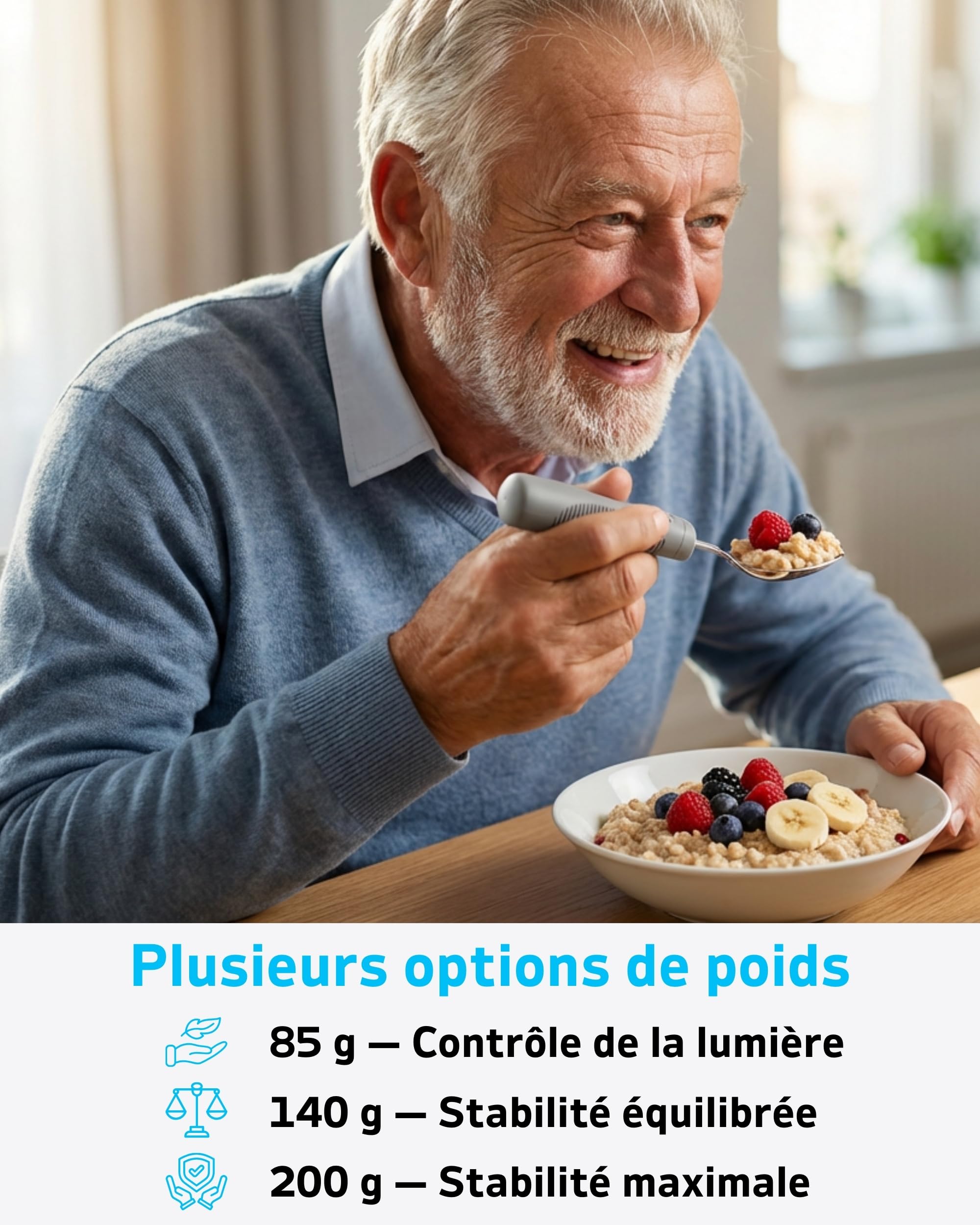 Set de couverts adaptés – Couverts lestés pour tremblements et Parkinson, couteau à bascule incliné à 42°et cuillère creuse, 71 g (gris, droitier)