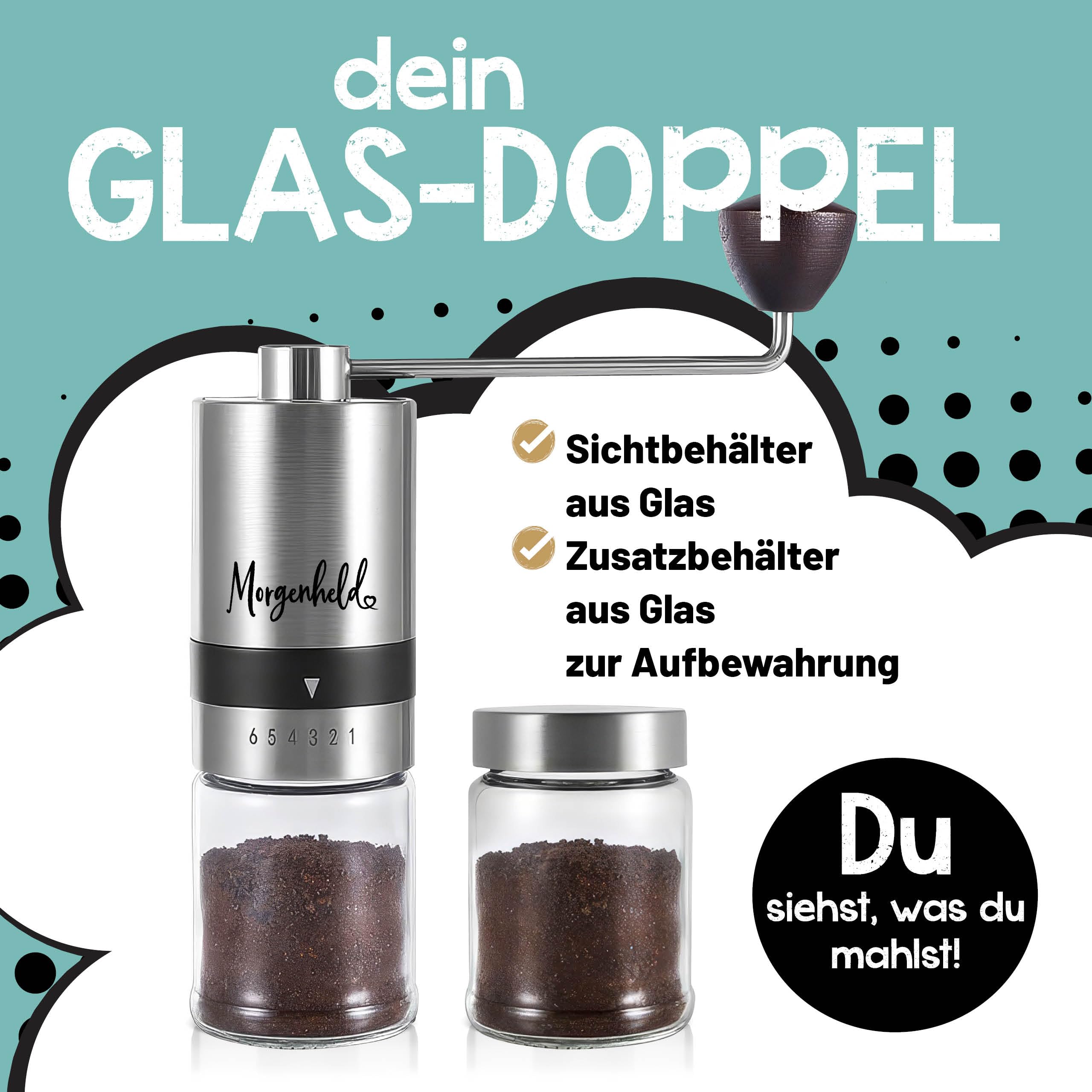 Morgenheld Kaffeemühle manuell Edelstahl – Handmühle Espresso, 2 Gläser | Stufenlos von Espresso bis Cold Brew einstellbar, mit Geschenkbox – ideal für Zuhause, Reisen und Camping