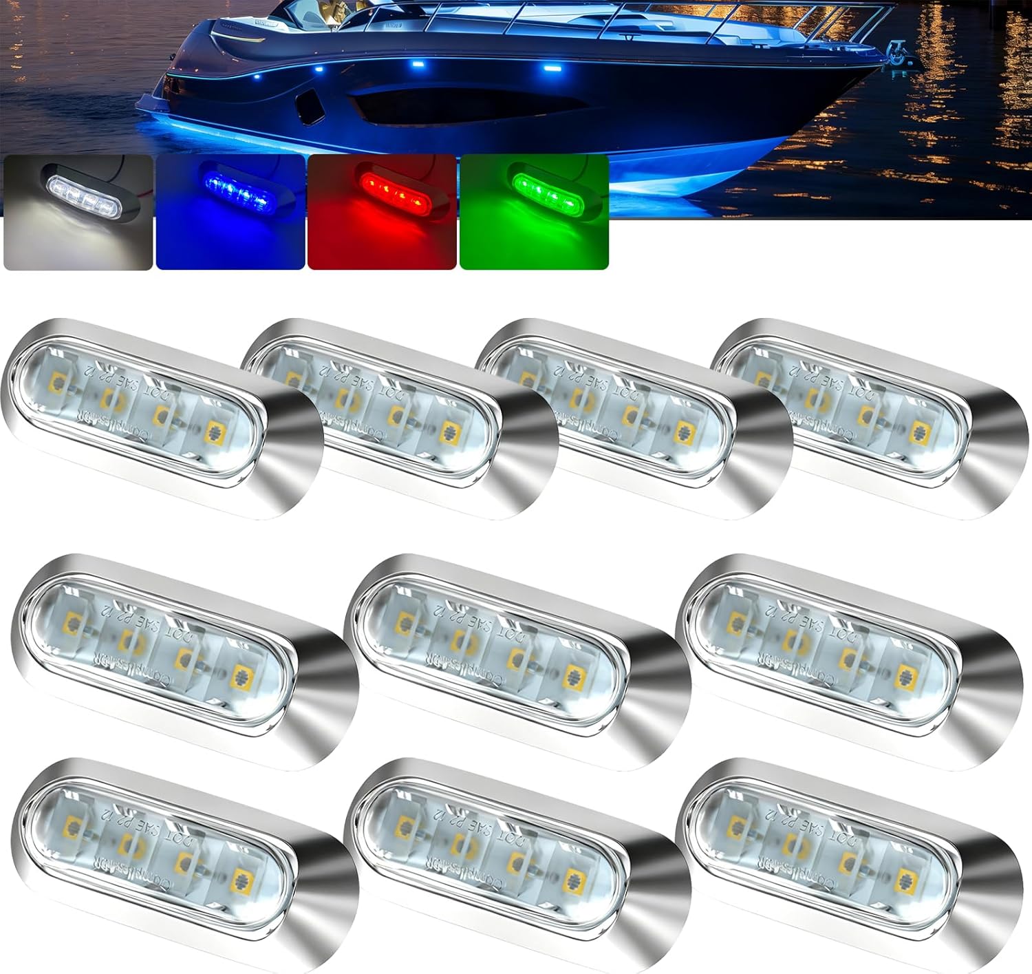 PSEQT 10Pcs 4LED RGBW Boat Courtesy Lights, 4-color 3.8'' Oval Waterproof Marine Interior Deck Transom Stern Navigation Lights for Pontoon Fishing Boat Bass Sailboat Kayak Yacht