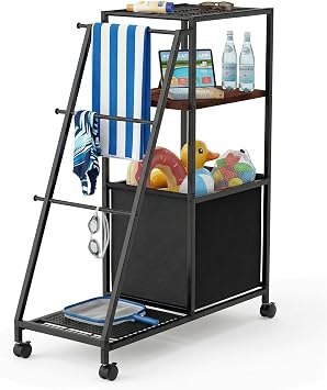 Canyave Poolside Cart with Wheels, Pool Outdoor Towel Rack Freestanding, Rolling Organizer Caddy with Storage Bin for Towels, Toys & Drinks, Patio & Hot Tub Accessories, MetalBlack