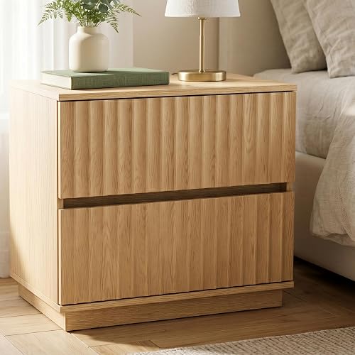 Natural Oak Fluted Nightstand with 2 Drawers, 23.6" Wide Japandi