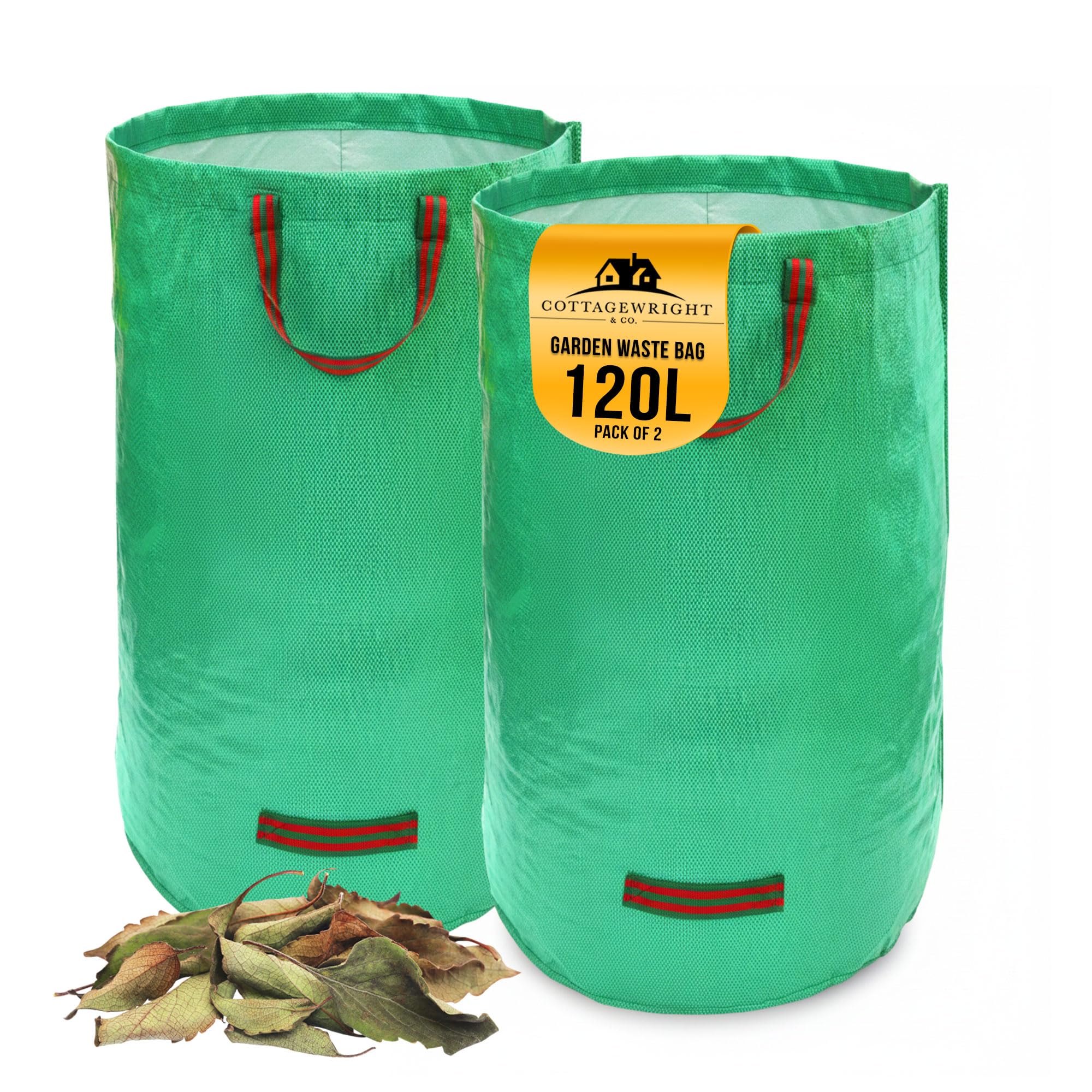 Cottagewright Pack Of 2 - 120L Garden Bags Heavy Duty With Handles - Reusable Garden Waste Bags Heavy Duty For Plant, Grass, Dirt, Leaves Collection, Waste Bags Reusable (Pack Of 2, 120L)