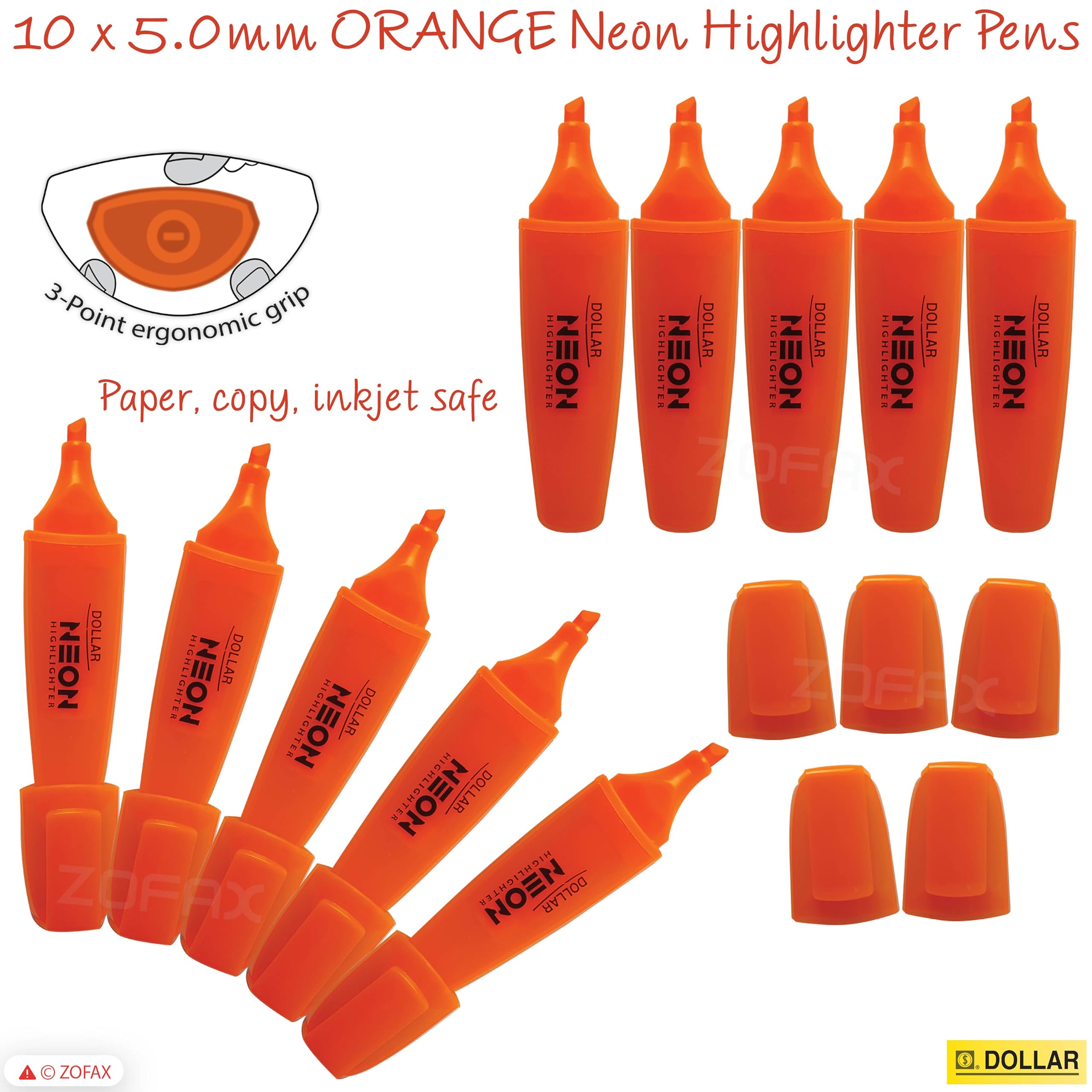 DOLLAR HL625 Neon Fluorescent Highlighter Pens, ORANGE, Pack of 10, Chisel Tip (5.0mm), 3-Point Grip, Multipack, Fast-drying - Image 3