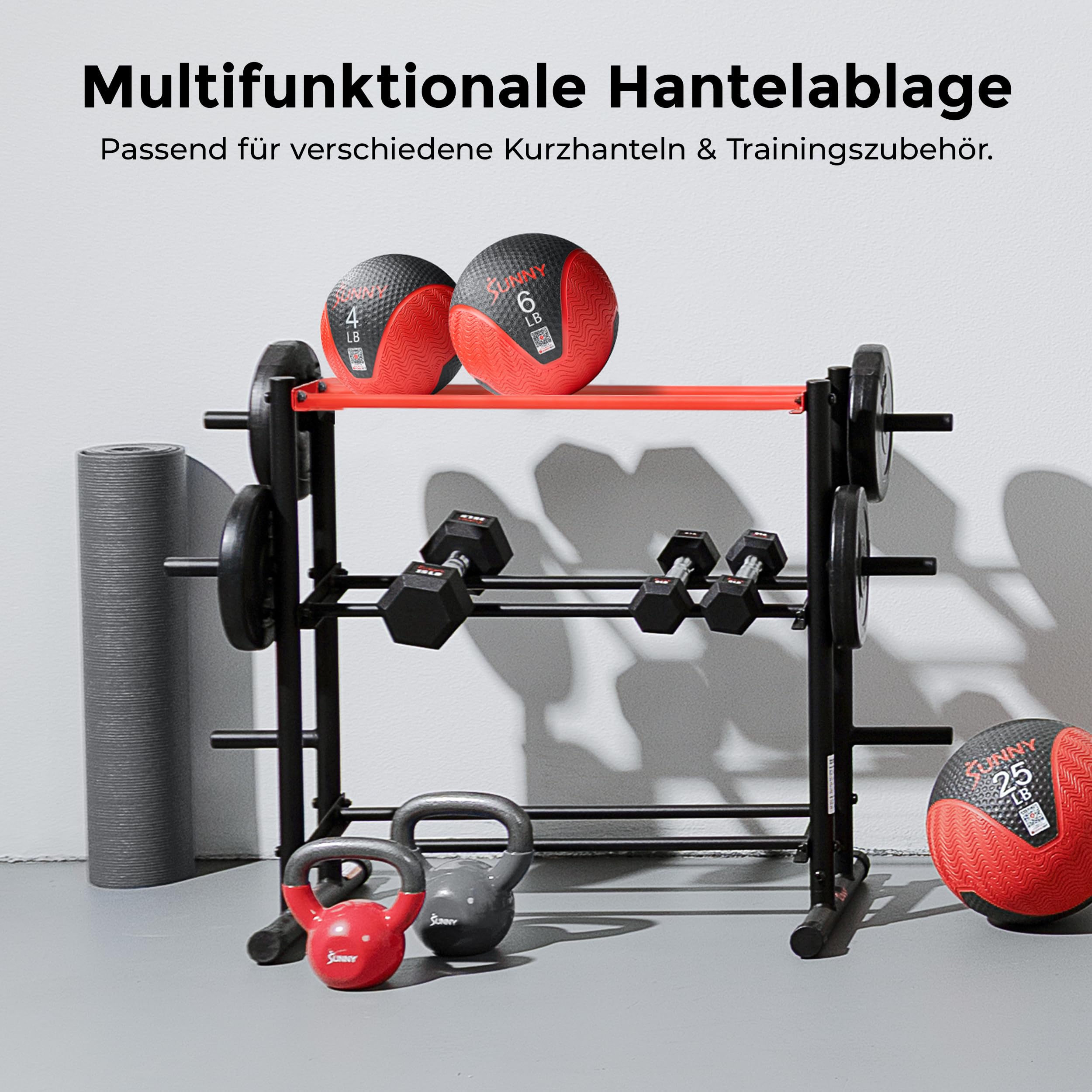 Sunny Health & Fitness Multifunktionaler Hantelständer aus Metall für Kurzhanteln, Kettlebells, Hantelscheiben, Langhantel & Medizinball – Robuste Ablage für das Heimtraining