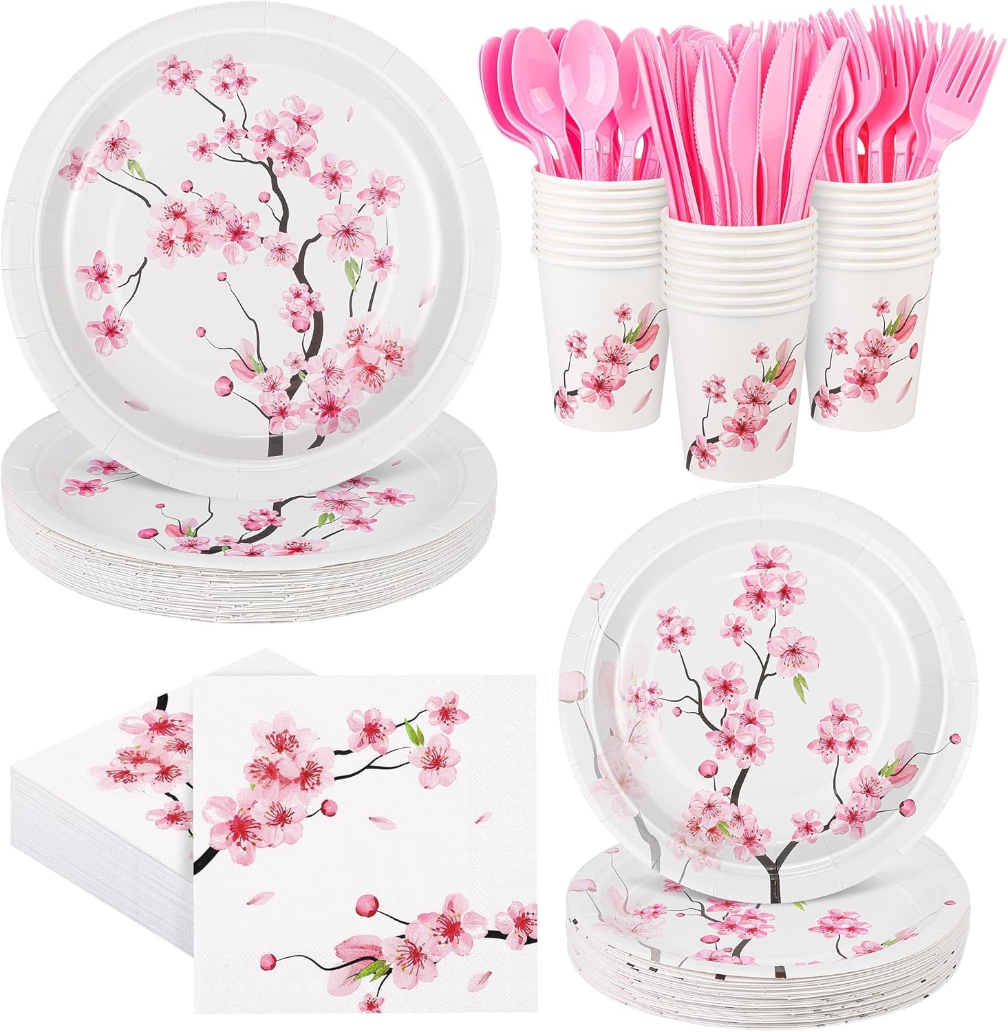 Kochorie 194 Pieces Cherry Blossom Party Supplies, Cherry Blossom Paper Plates Pink Floral Disposable Tableware Set Includes Napkins Cutlery for Spring Birthday Baby Bridal Shower Shower, Serves 24