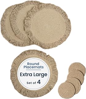Fine Living 15 Inch Round Placemats Set of 4 with 4-Free Coasters, Beige | Washable Heat Resistant Non-Slip Braided Cotton Placemats with Fringe, Boho Woven Table Mats for Dining Table Decor