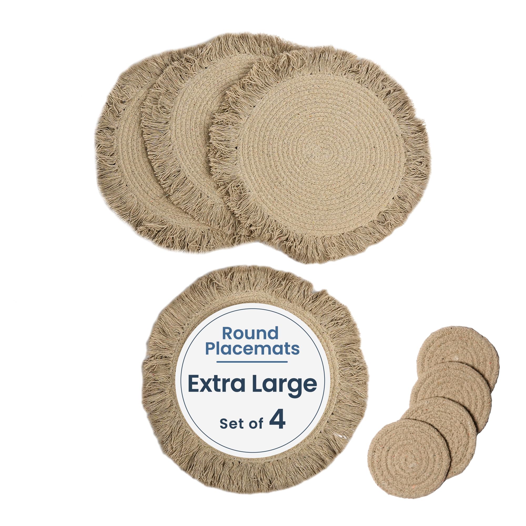 The Fine Living Co. Manteles individuales trenzados con 4 posavasos gratis, tapete de cocina lavable, decoración de cocina, manteles individuales redondos reversibles para decoración del hogar y mesa