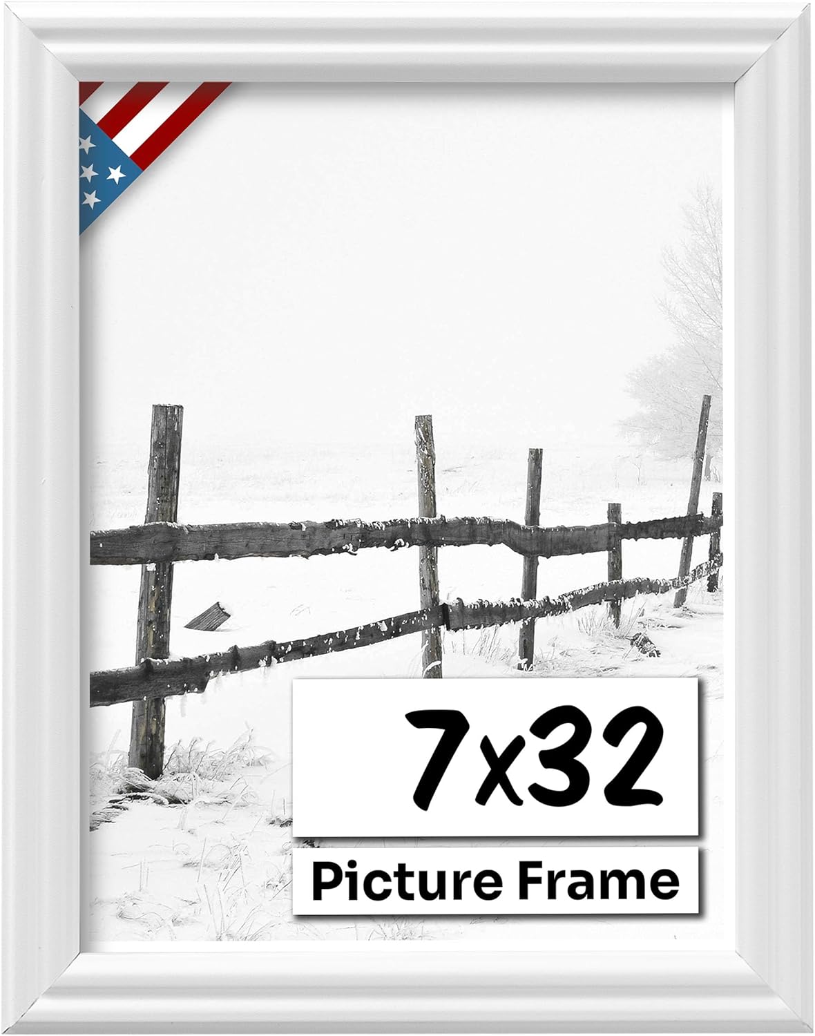 White 7x32 Picture Frame .75" Inch Wide - White Wall Decor Handmade Solid Wood Frames with Preinstalled Hangers and UV Blocking Plexiglass 32x7 Frame