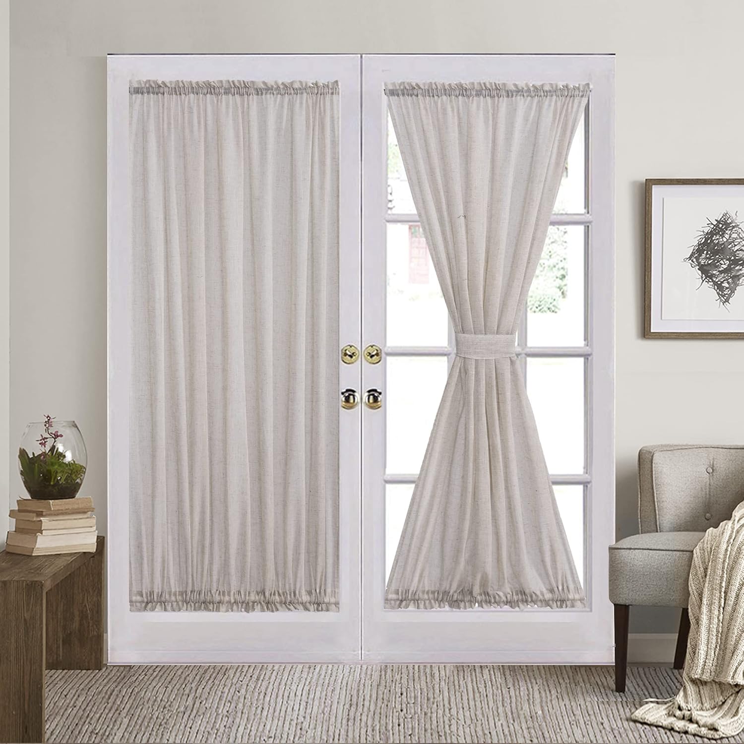 Home Brilliant White French Door Curtain Panels Window Drapery for Front Door, Rod Pocket with Tie Back, Set of 2, 54 x 72 inch