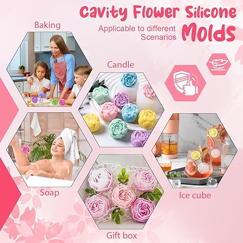 Miniatura 5 de Moldes de silicona para 7 cavidades, moldes para velas de flores de rosas, molde de fondant de peonía para gelatina, chocolate, mousse, decoración