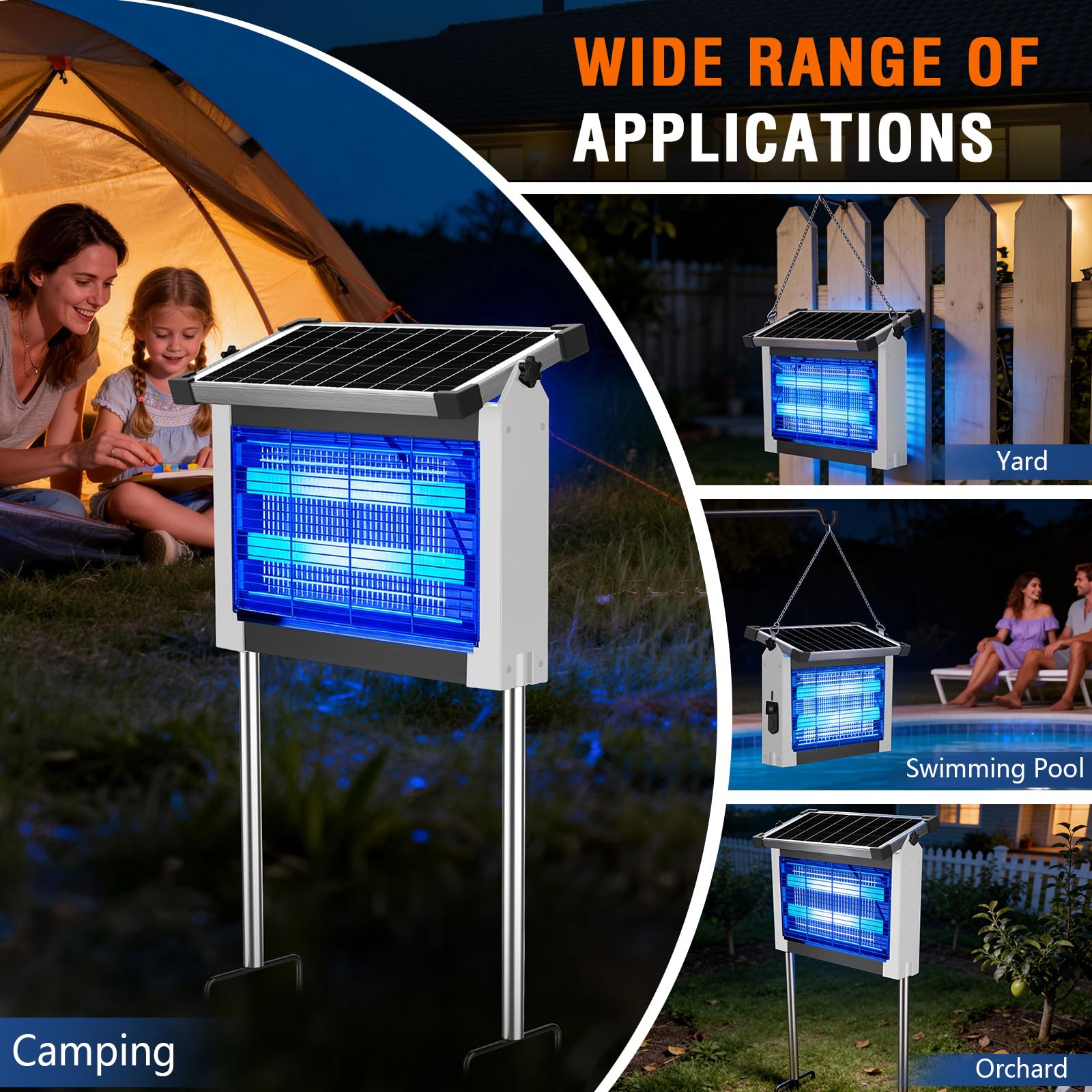 Solar Bug Zapper Outdoor, 4500V Wiederaufladbarer Wasserdichter Mückenvernichter mit Solarpanel Sensor, Elektrische Fliegenfalle, 3.0 m Kabel, Kabelloser Insektenvernichter für Terrasse Hof