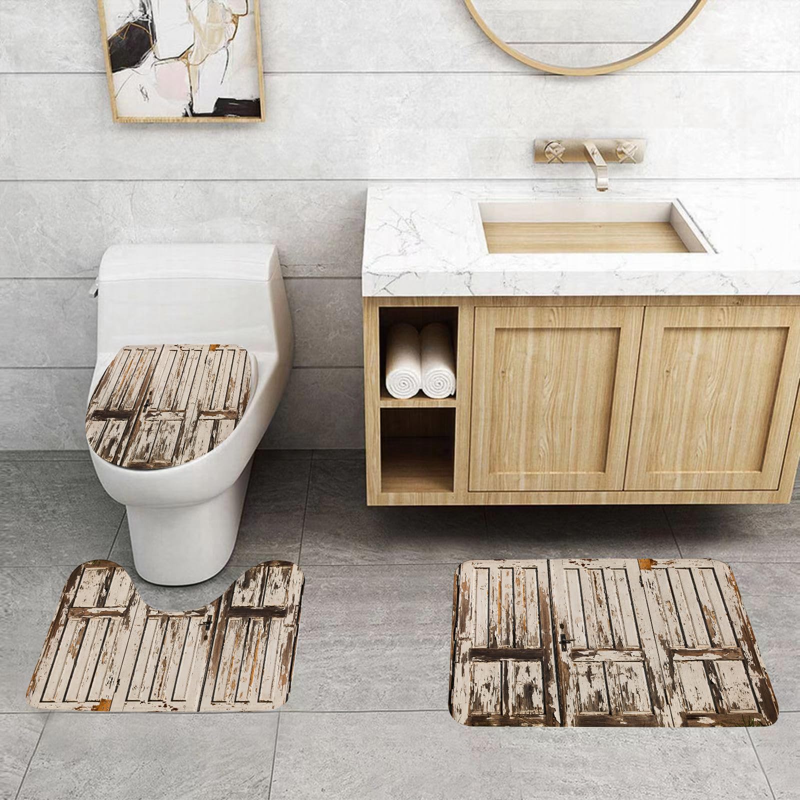 Set di 3 tappetini da Bagno, Lavabili in Lavatrice e Antiscivolo, tappetini in Morbida Fibra Superfine, Stile Rustico Vintage con Decorazioni Verticali.