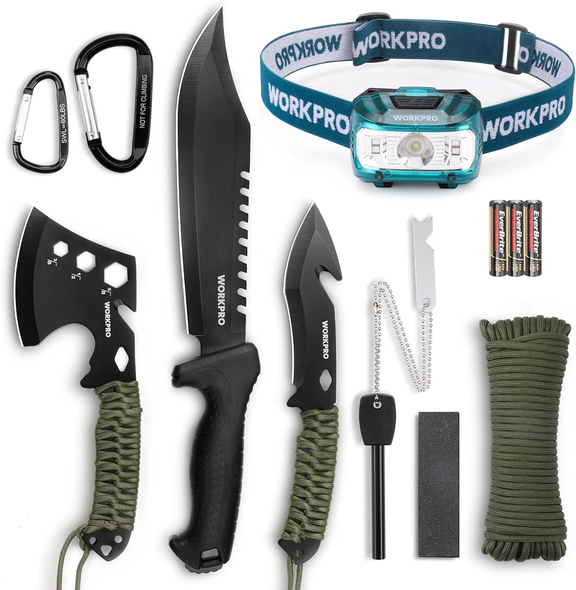 Juego de machete y hacha de camping de 9 piezas con funda | Hacha de acampada, cuchillo de caza de hoja fija, mango de paracaídas, linterna frontal, pedernal incluido, juego de herramientas de supervivencia para acampada