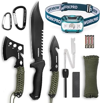 Camping Hatchet & Machete with Sheath, Camping Axe and Fixed Blade Hunting Knives with Paracord Handle, Headlamp, Flint, Camping Tool Set for Outdoor Hunting Survival