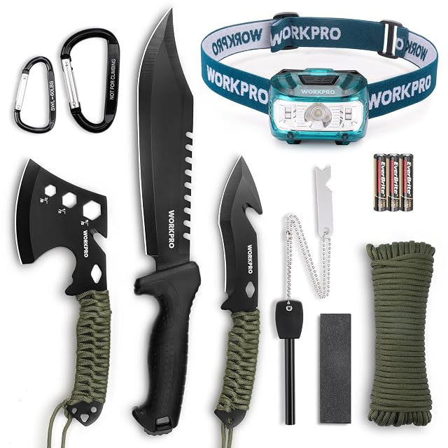 WORKPRO Camping Hatchet Machete with Sheath Camping Axe and Fixed Blade Hunting Knives with Paracord Handle Headlamp Flint